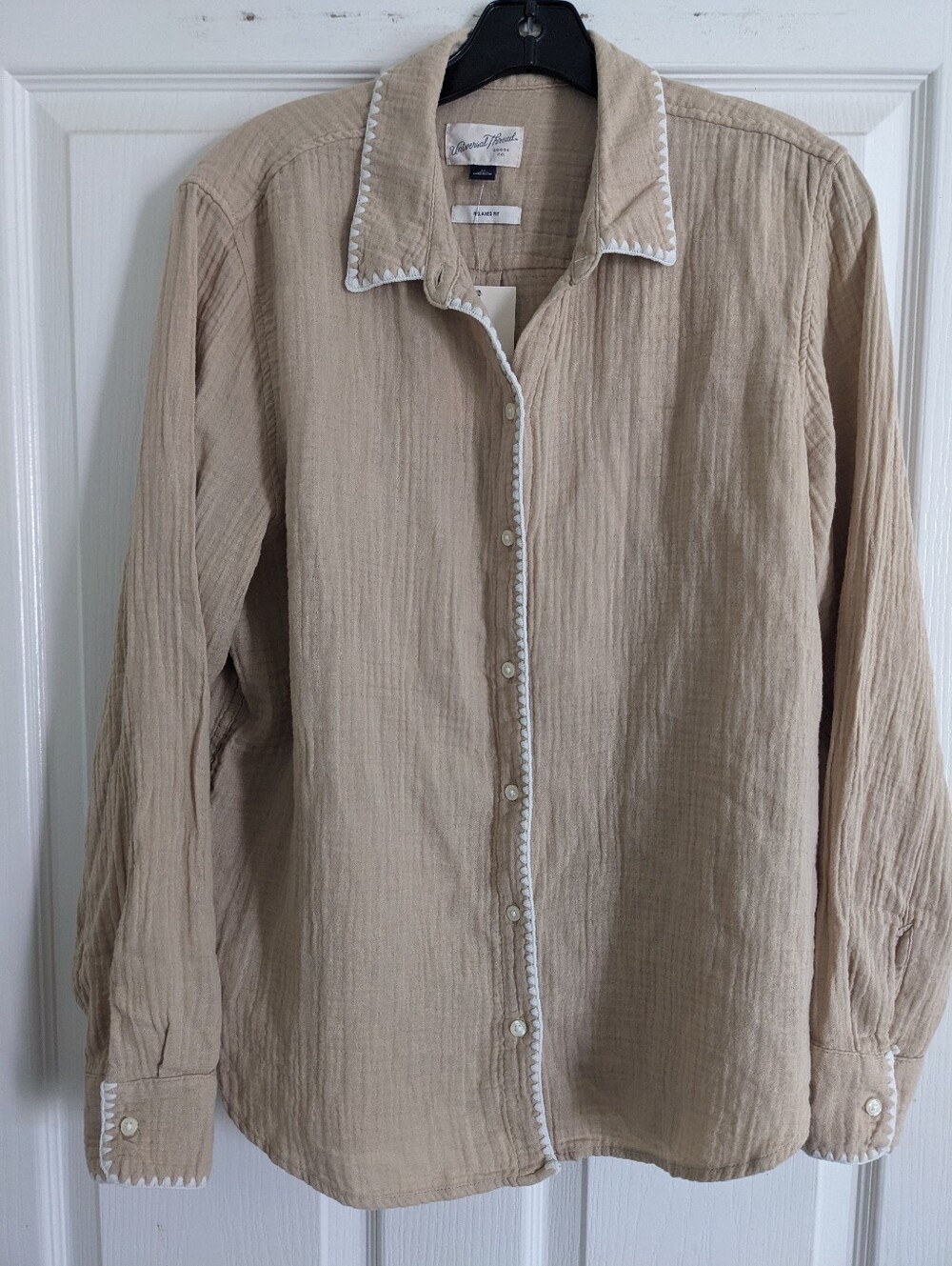 Universal Thread Beige Gauze Button-Down Shirt with White Trim